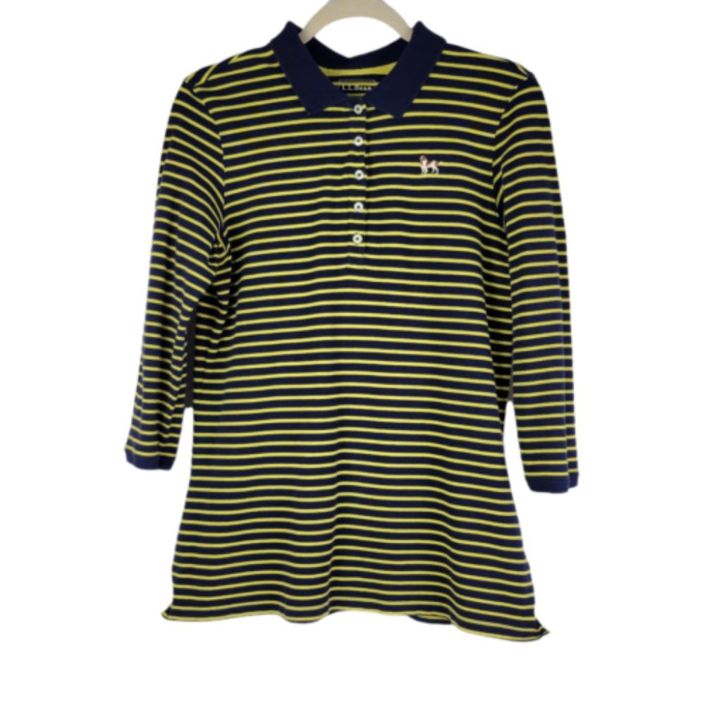 LL Bean Striped Top Womens Size M 3/4 Sleeve Black Yellow with Embroidered Dog
